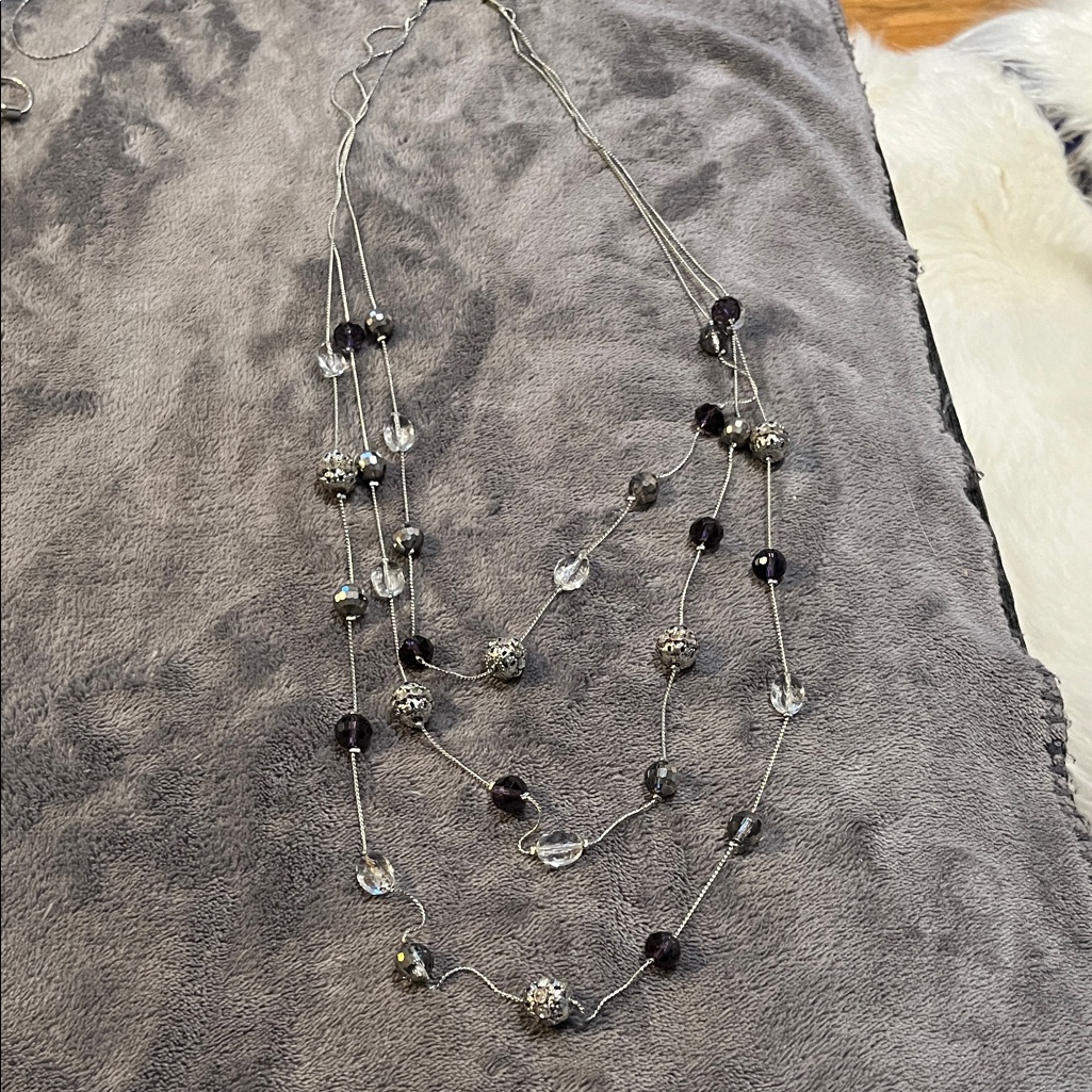 Charming Charlie Silver-Tone Layered Necklace With Clear And Dark Purple Beads 8$